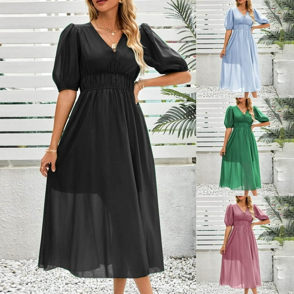 TAGOLD Womens Short Sleeve V Neck Dress Solid Color Chiffon Summer Casual Lightweight