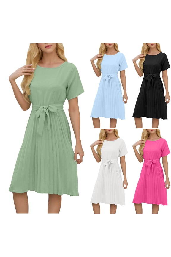 Womens Short Sleeve V Neck Dress Solid Color Crew Neck Button Back Waist Ruched A Line Dress