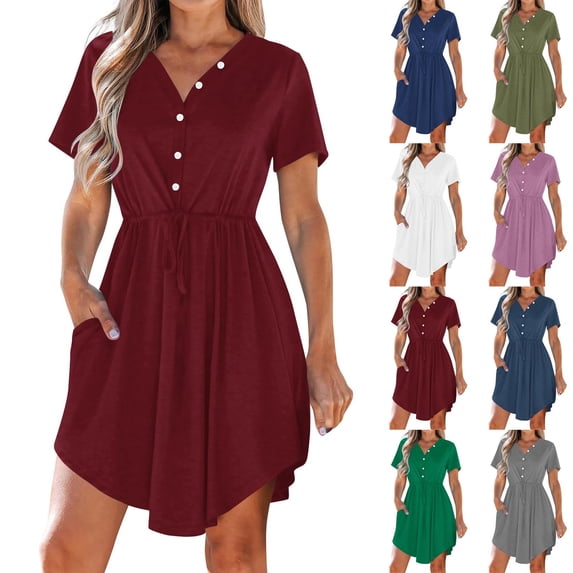 TAGOLD Womens Short Sleeve V-Neck Dress Solid Color Drawstring Pocket Asymmetrical Hem Casual Summer Dress