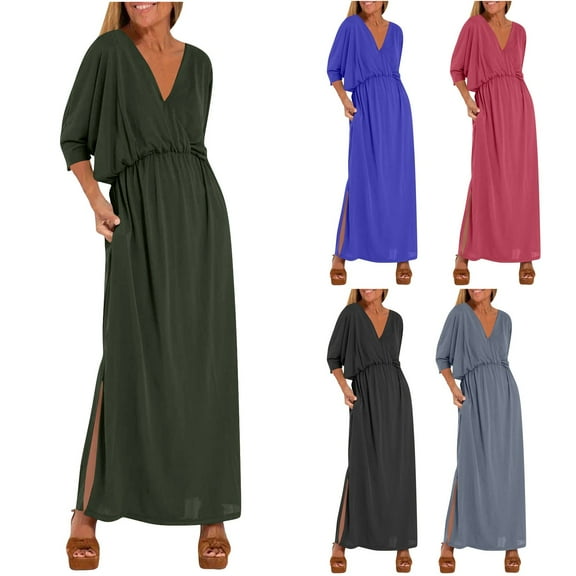 TAGOLD Womens Short Sleeve V Neck Dress Solid Color High Waist Split Hem Long Casual Summer