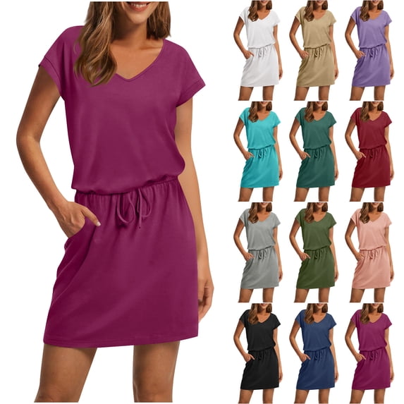 TAGOLD Womens Short Sleeve V Neck Dress Solid Color Knee Length Drawstring Pockets Casual