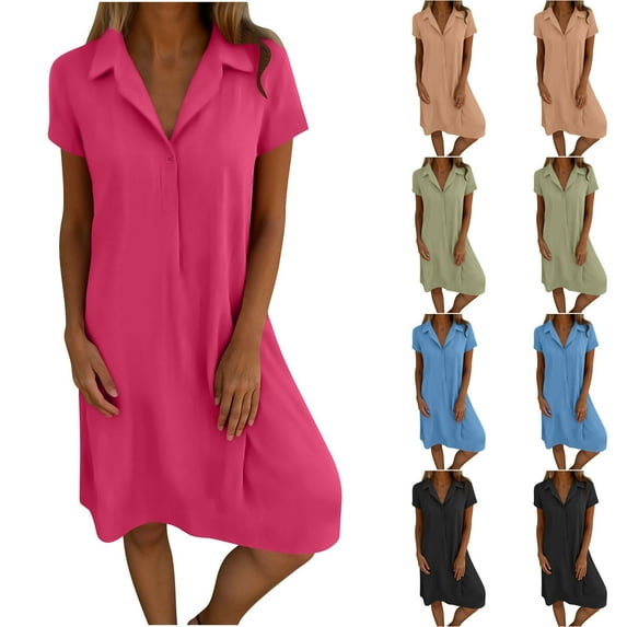 TAGOLD Womens Short Sleeve V-Neck Dress Solid Color Linen Shirt Style Loose Summer Casual