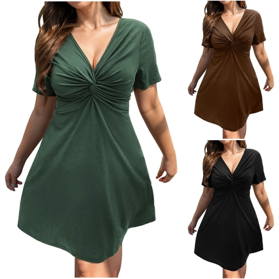 TAGOLD Womens Short Sleeve V-Neck Dress Solid Color Plus Size Loose Summer Casual Wear