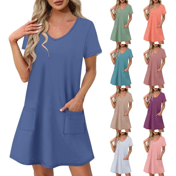 TAGOLD Womens Short Sleeve V-Neck Dress Solid Color Summer Fashion Light Fabric Casual Daily Outfit