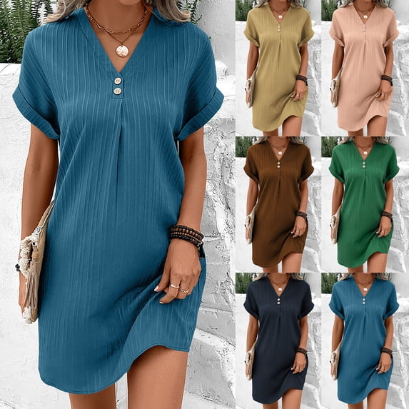 TAGOLD Womens Short Sleeve V Neck Dress Solid Color Summer Lightweight