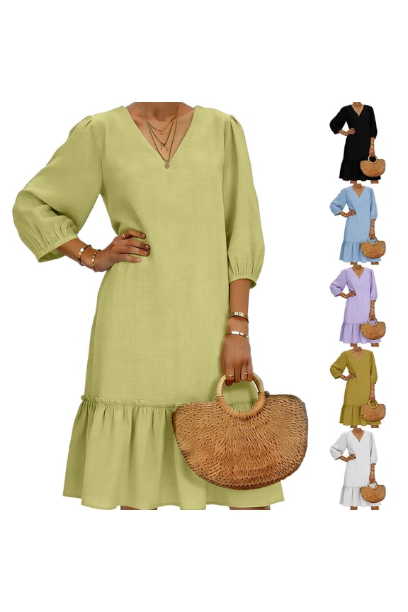 Womens Short Sleeve V-Neck Dress Solid Color Loose Linen Ruffled Summer Casual Midi Dress For Daily Wear