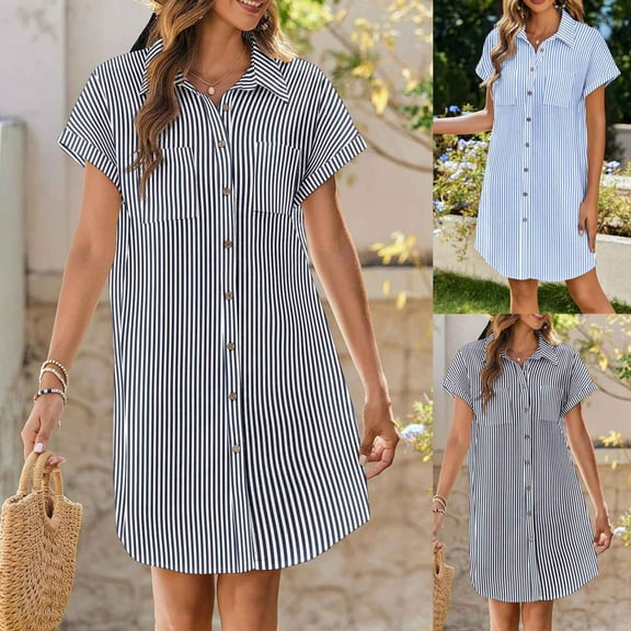 TAGOLD Womens Short Sleeve V Neck Dress Stripe Print Button Summer Casual Fashion