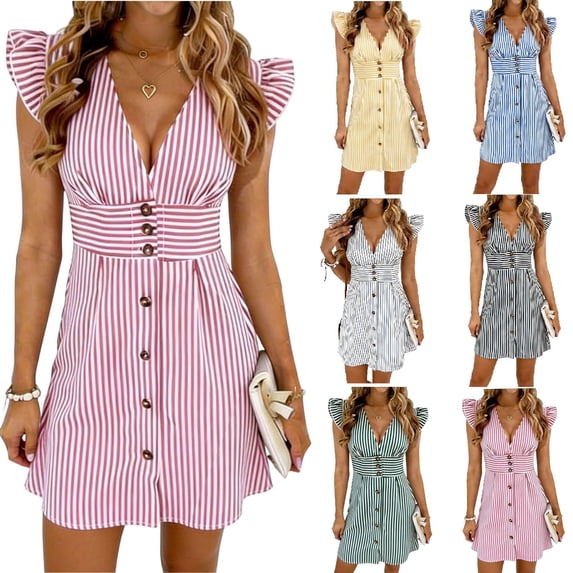 TAGOLD Womens Short Sleeve V Neck Dress Striped Short Sleeve V Neck Casual Dress