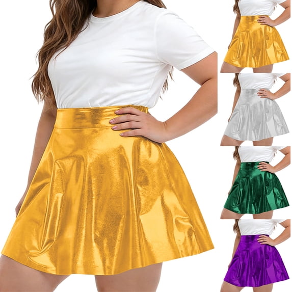 TAGOLD Womens Shorts Metallic Pleated Skirt Plus Size High Waist Flared A Line Skirt Summer Casual
