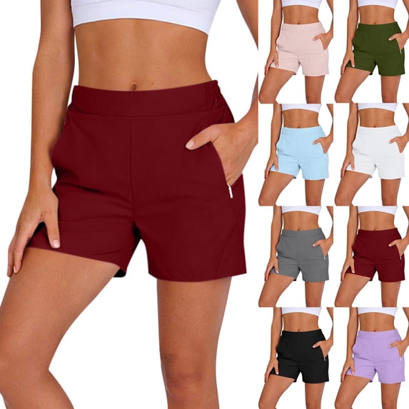 TAGOLD Womens Shorts Solid Color High Waist Zipper Pocket Shorts With Inner Lining