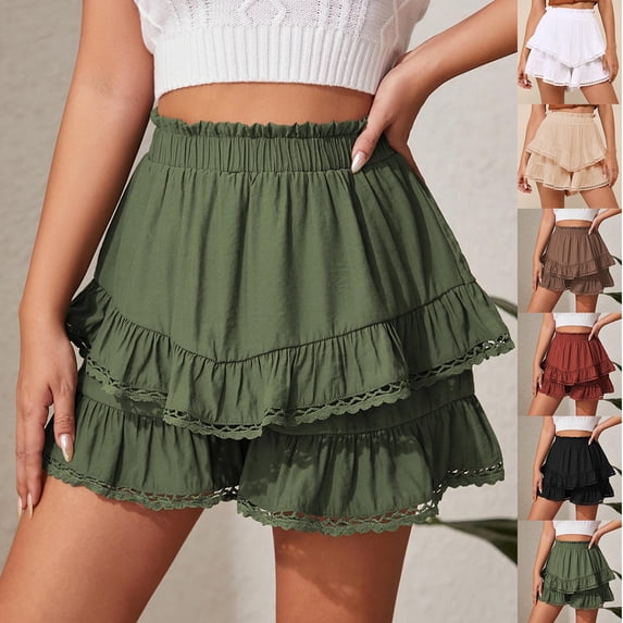 TAGOLD Womens Skirt Solid Color Ruffle Elastic Waist Tiered Cake Skort Shorts