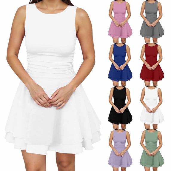 TAGOLD Womens Sleeveless Neck Dress Solid Color Ruffle Waist Mini Party Summer Light Outfit
