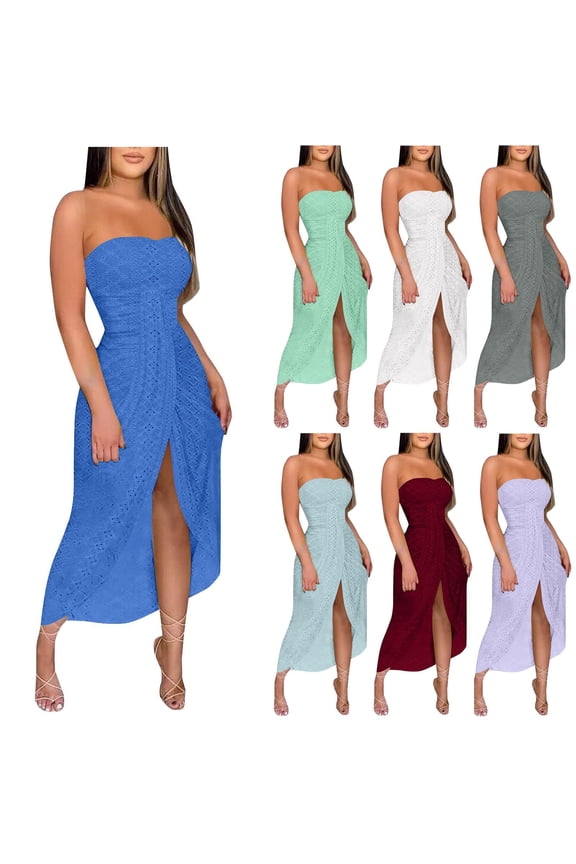 Womens Sleeveless Neck Dress Solid Color Tube Top Slit Elastic Ruffle Summer Wear