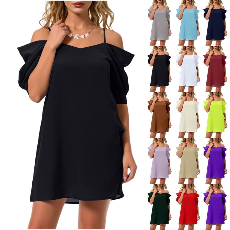 walmart off shoulder dress Tagold Womens Sleeveless Off The Shoulder Dress Solid Color Cami Off Shoulder Short Dress, Women's, Size: Large, Beige