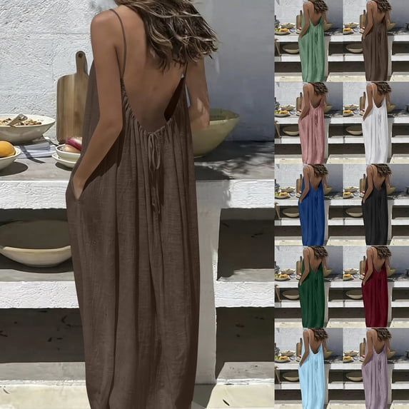 TAGOLD Womens Sleeveless Round-Neck Ankle Dress Solid Color Backless Strap Pocket Loungewear Summer