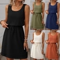 thumbnail image 1 of TAGOLD Womens Sleeveless Round-Neck Dress Solid Color High Waist Drawstring Summer Fashion Casual, 1 of 5