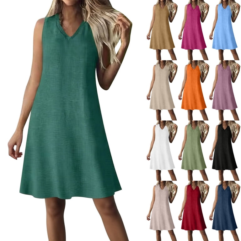 TAGOLD Womens Sleeveless V-Neck Knee-High Dress Zip Solid Color Short Dress For Summer Daily Use