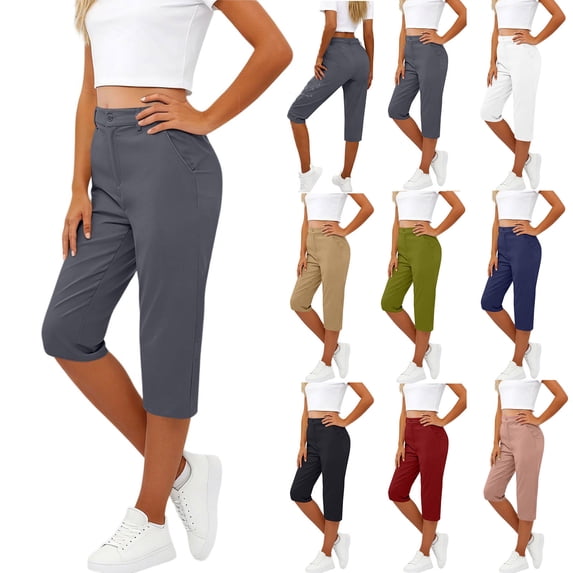 TAGOLD Womens Summer Capris Solid Color Button Front Water Sports Casual Cropped Pants