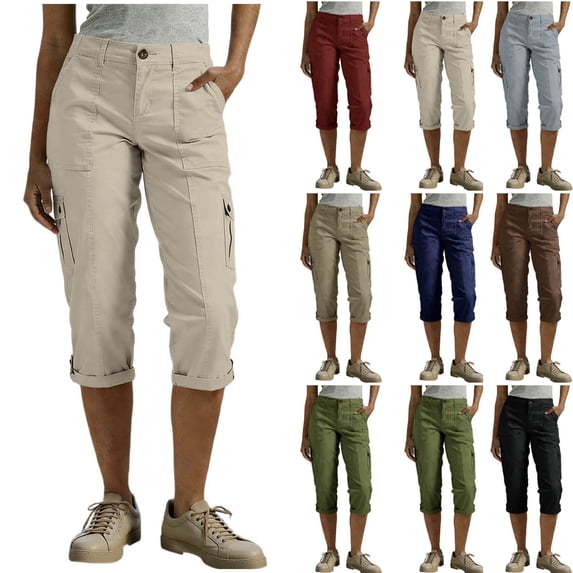 TAGOLD Womens Summer Capris Solid Color Elastic Waist Cargo Style Pocket Casual Lightweight Pants