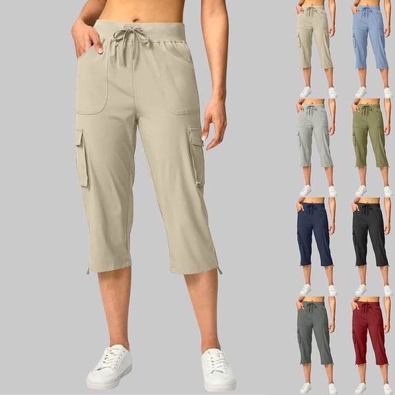 TAGOLD Womens Summer Capris Solid Color Elastic Waist Cargo Style Pocket Casual Lightweight Pants