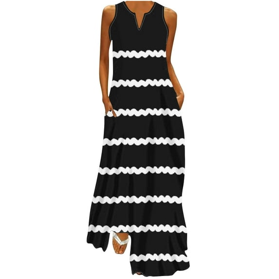 TAGOLD Womens Summer Dress Clearance,Plus Size Casual Dress for Womens,Women Casual Loose Printed Tank Dress Beach V-neck Pocket Sundress Sleeveless Dresses Black XL