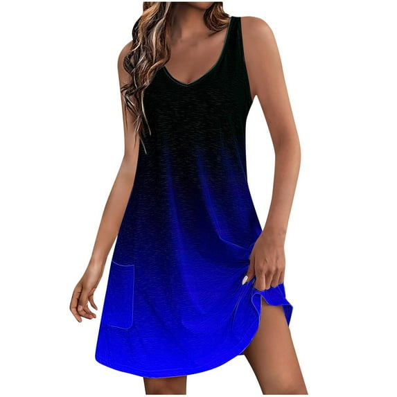 TAGOLD Womens Summer Dress Clearance,Plus Size Casual Dress for Womens,Women's Casual Sundress With Pockets Summer Boho Beach Dress Floral T-Shirts Dress V Neck Loose Tank Dresses Navy M