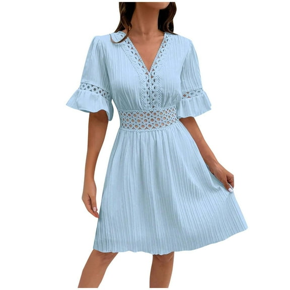 TAGOLD Womens Summer Dress,Plus Size Casual Dress for Womens,Women's New Summer Patchwork Lace Fashionable V-neck Waist Cinching Solid Color Dress