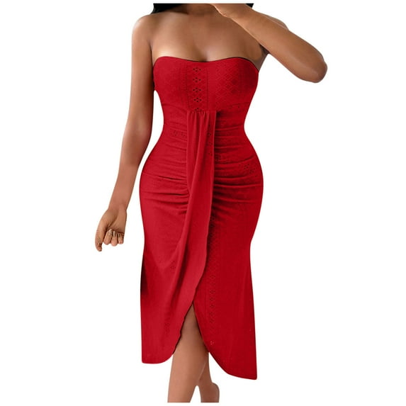 TAGOLD Womens Summer Dress Clearance,Plus Size Casual Dress for Womens,Women's New Summer Sexy Strapless Hollowed Out Collarless Irregular Skirt Solid Color Dress