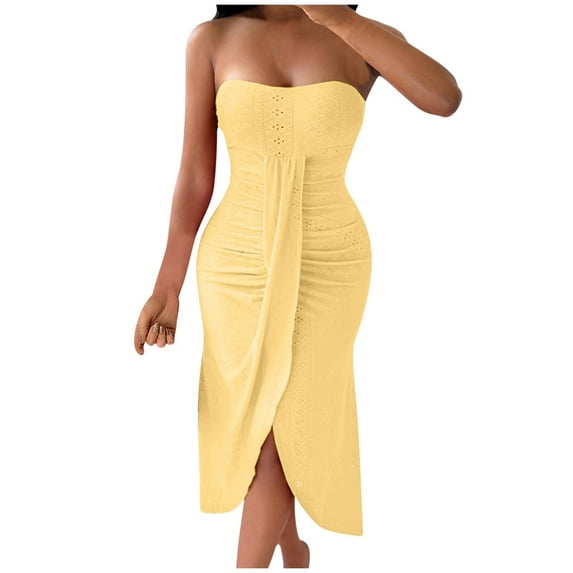 TAGOLD Womens Summer Dress,Plus Size Casual Dress for Womens,Women's New Summer Sexy Strapless Hollowed Out Collarless Irregular Skirt Solid Color Dress