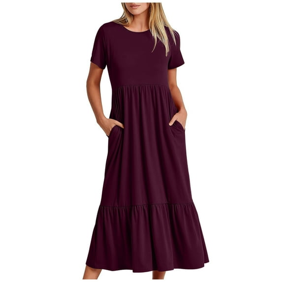 TAGOLD Womens Summer Dress,Plus Size Casual Dress for Womens,Women's Summer Casual Short Sleeve Crewneck Dress Casual Flowy Tiered Maxi Beach Dress With Pockets