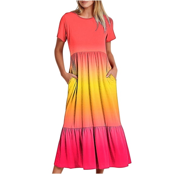 TAGOLD Womens Summer Dress,Plus Size Casual for Womens,Women's Summer Casual Short Sleeve Crewneck Dress Casual Flowy Tiered Maxi Beach Dress With Pockets Gradient Print Dress Multicolor XL