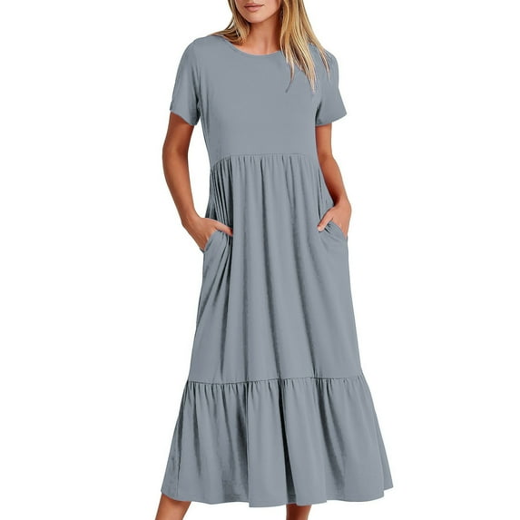 TAGOLD Womens Summer Dress,Plus Size Casual Dress for Womens,Women's Summer Casual Short Sleeve Crewneck Dress Casual Flowy Tiered Maxi Beach Dress With Pockets Silver L
