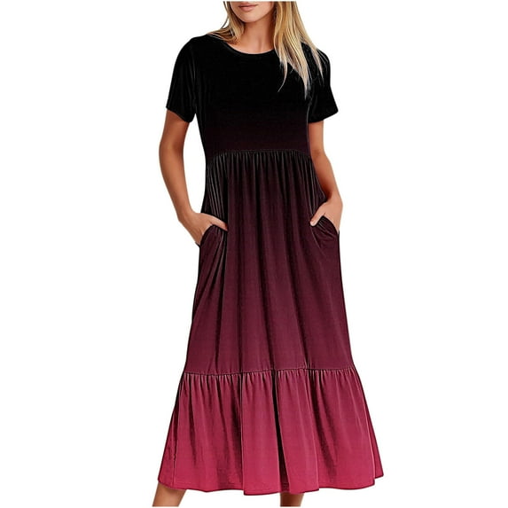TAGOLD Womens Summer Dress Clearance,Plus Size Casual Dress for Womens,Women's Summer Casual Short Sleeve Crewneck Dress Casual Flowy Tiered Maxi Beach Dress With Pockets Gradient Print Dress Pink M