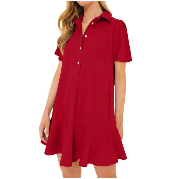 TAGOLD Womens Summer Dress Clearance,Plus Size Casual Dress for Womens,Women's Summer Solid Color Lapel Short Sleeved Buttoned Open Chest Pleated Ruffled Dress Short Skirt
