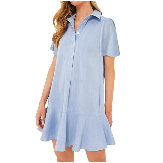 TAGOLD Womens Summer Dress,Plus Size Casual Dress for Womens,Women's Summer Solid Color Lapel Short Sleeved Buttoned Open Chest Pleated Ruffled Dress Short Skirt