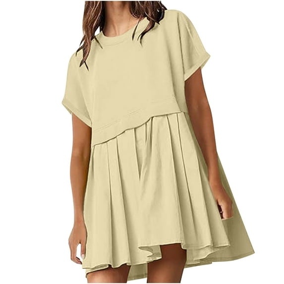 TAGOLD Womens Summer Dress Clearance,Plus Size Casual Dress for Womens,Womens Solid Cute Pleated Dress Patchwork Casual Short Sleeve Tops Loose Oversized Summer Mini Dress Khaki XXL