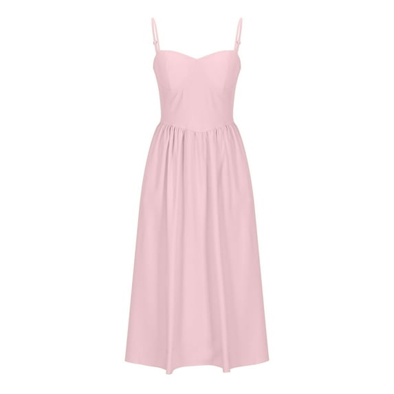TAGOLD Womens Summer Dress Clearance,Plus Size Casual Dress for Womens,Slim Fitting Solid Color Strap Pleated Mid Length V-neck Dress With Straps