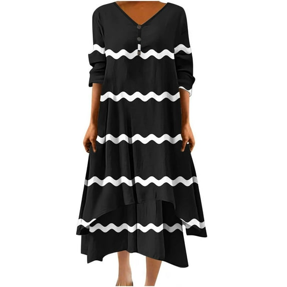 TAGOLD Womens Summer Dress,Plus Size Casual Dress for Womens,Women Casual Loose Printed Irregular Buttoned Hem V-Neck 3/4 Sleeve Dresses