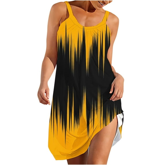 TAGOLD Womens Summer Dress,Plus Size Casual Dress for Womens,Women Fashionable Sleeveless Round Neck Printed Loose Long Dress Yellow L
