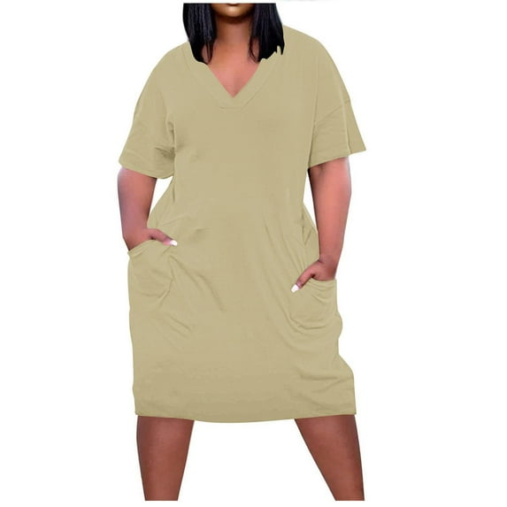 TAGOLD Womens Summer Dress,Plus Size Casual Dress for Womens,Women's Fashion Large Solid Short Sleeved V-neck Pocket Dress