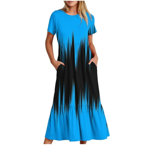 TAGOLD Womens Summer Dress,Plus Size Casual Dress for Womens,Women's Fashion Round Neck Short Sleeve Printed Dress Blue XXL