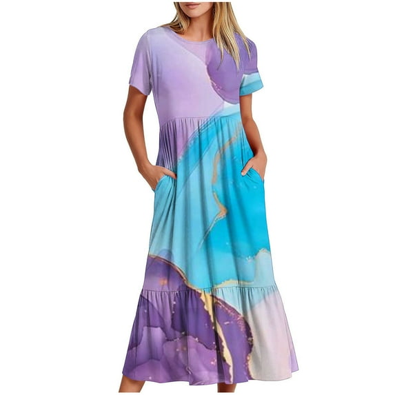 TAGOLD Womens Summer Dress,Plus Size Casual Dress for Womens,Women's Fashion Round Neck Short Sleeve Printed Dress Sky Blue XL