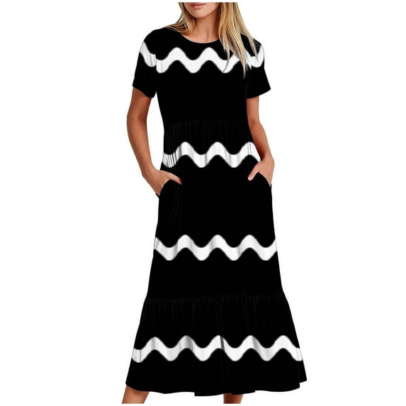 TAGOLD Womens Summer Dress Clearance,Plus Size Casual Dress for Womens,Women's Fashionable Short Sleeve Round-Neck Loose Wave Printed Long Dress Black L