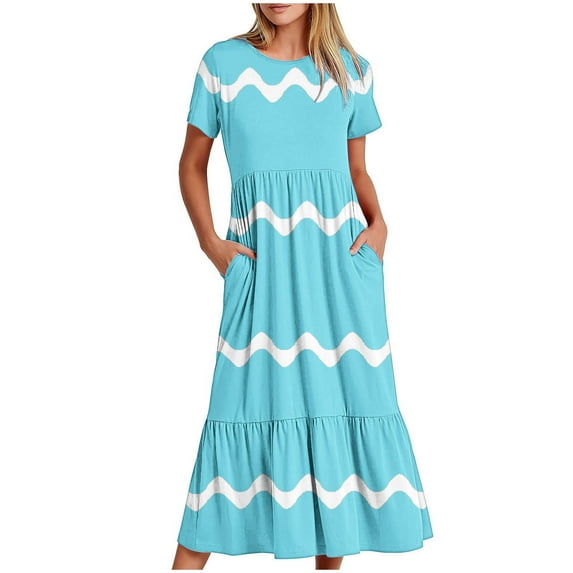 TAGOLD Womens Summer Dress Clearance,Plus Size Casual Dress for Womens,Women's Fashionable Short Sleeve Round-Neck Loose Wave Printed Long Dress Sky Blue S