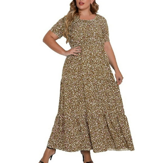TAGOLD Womens Summer Dress Clearance,Plus Size Casual Dress for Womens,Women's Summer Casual Short Sleeved Round Neck Small Floral Print Dress