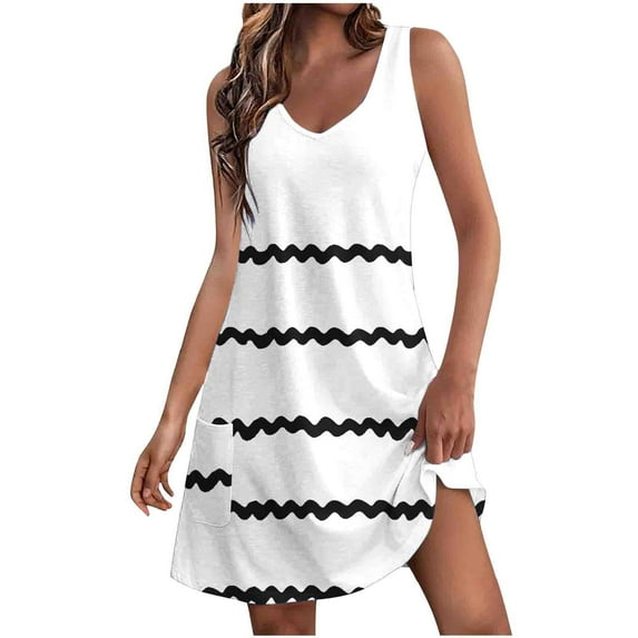 TAGOLD Womens Summer Dress,Plus Size Casual Dress for Womens,Women's Summer Comfort Fashion Pocket Printing Sleeveless V-Neck Dress