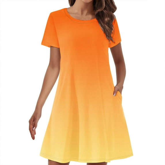 TAGOLD Womens Summer Dress Clearance,Plus Size Casual Dress for Womens,Women's Summer Gradient Color Double Pocket Short Sleeve Round Neck T-shirt Dress