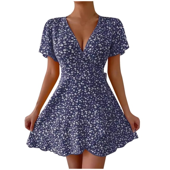 TAGOLD Womens Summer Dress Clearance,Plus Size Casual Dress for Womens,Women's Summer Sexy Fragmented Flower Tie Waist Wrapped Short Sleeved V-neck Dress