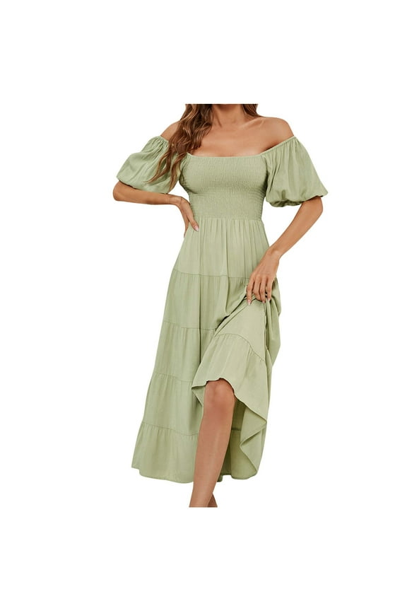 Womens Summer Dress,Plus Size Casual Dress for Womens,Women's Summer Solid High Waist Bubble Sleeves Wrapped Waist Dress Green S