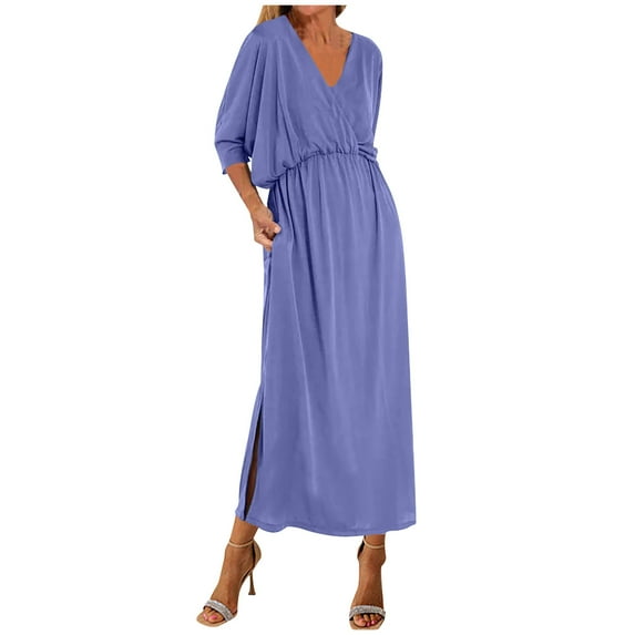 TAGOLD Womens Summer Dress,Plus Size Sundress for Womens,Women's Short sleeved V-neck Bohemian Fashion Solid Color High Waist and Ankle Split V-neck Dress